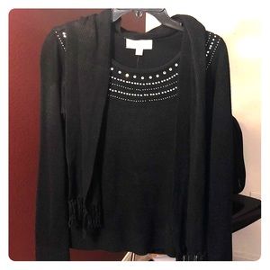 Black embellished cardigan sweater with scarf